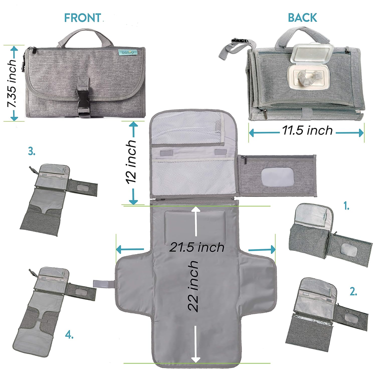 Portable Diaper Changing Pad, Portable Changing pad for Newborn Girl & Boy - Baby Changing Pad with Smart Wipes Pocket – Waterproof Travel Changing Kit - Baby Gift by Kopi Baby - Image 5